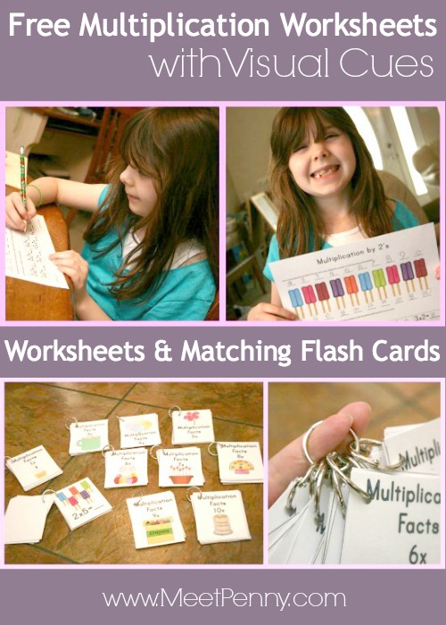 Free multiplication worksheets that have visual cues. Even has matching flash cards.