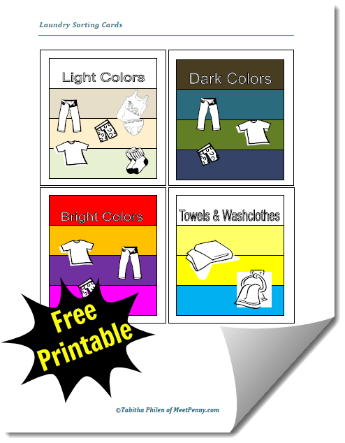Free printable laundry sorting cards to help children know how to sort colors from whites