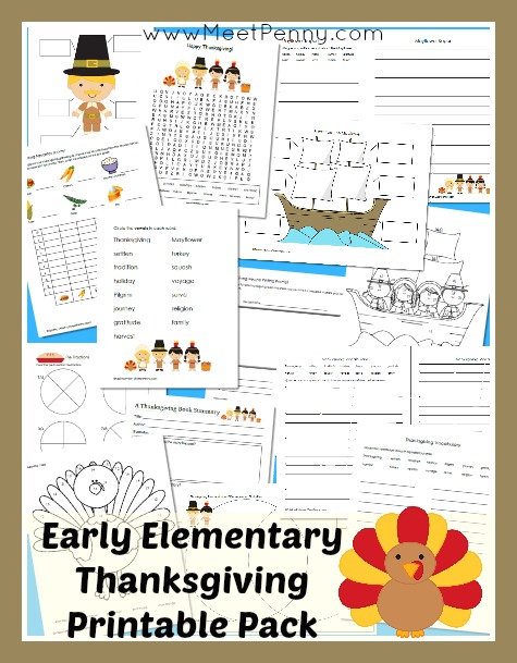 Early Elementary Thanksgiving printable activity pack with 25 pages. Free for Premium Members or $2.99.