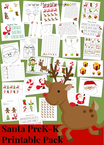 Santa-themed preschool printable activity pack with over 25 activities. Free for Premium Members or just $3.99
