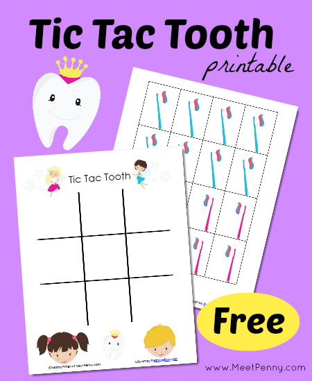 Tic Tac Toe Toothfairy printable game with links to help with National Dental Health Month
