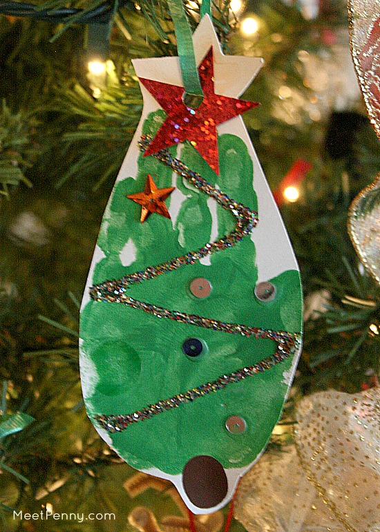 More than 20 examples of homemade Christmas ornaments on her tree. All are so easy that even a not-so-crafty person like me could do them!