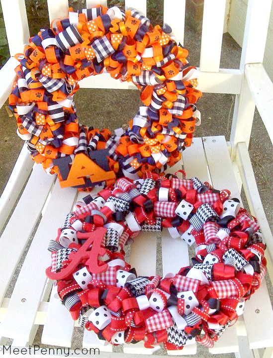 Ribbon wreathes made in team colors. Very easy and super cute!