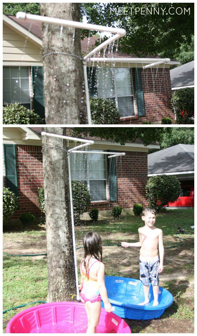 Inexpensive way to keep the kids cool with a PVC kid wash. Tied to a tree with kiddie pools underneath. Could attach it the basketball goal too. Don't miss the homemade water slide!